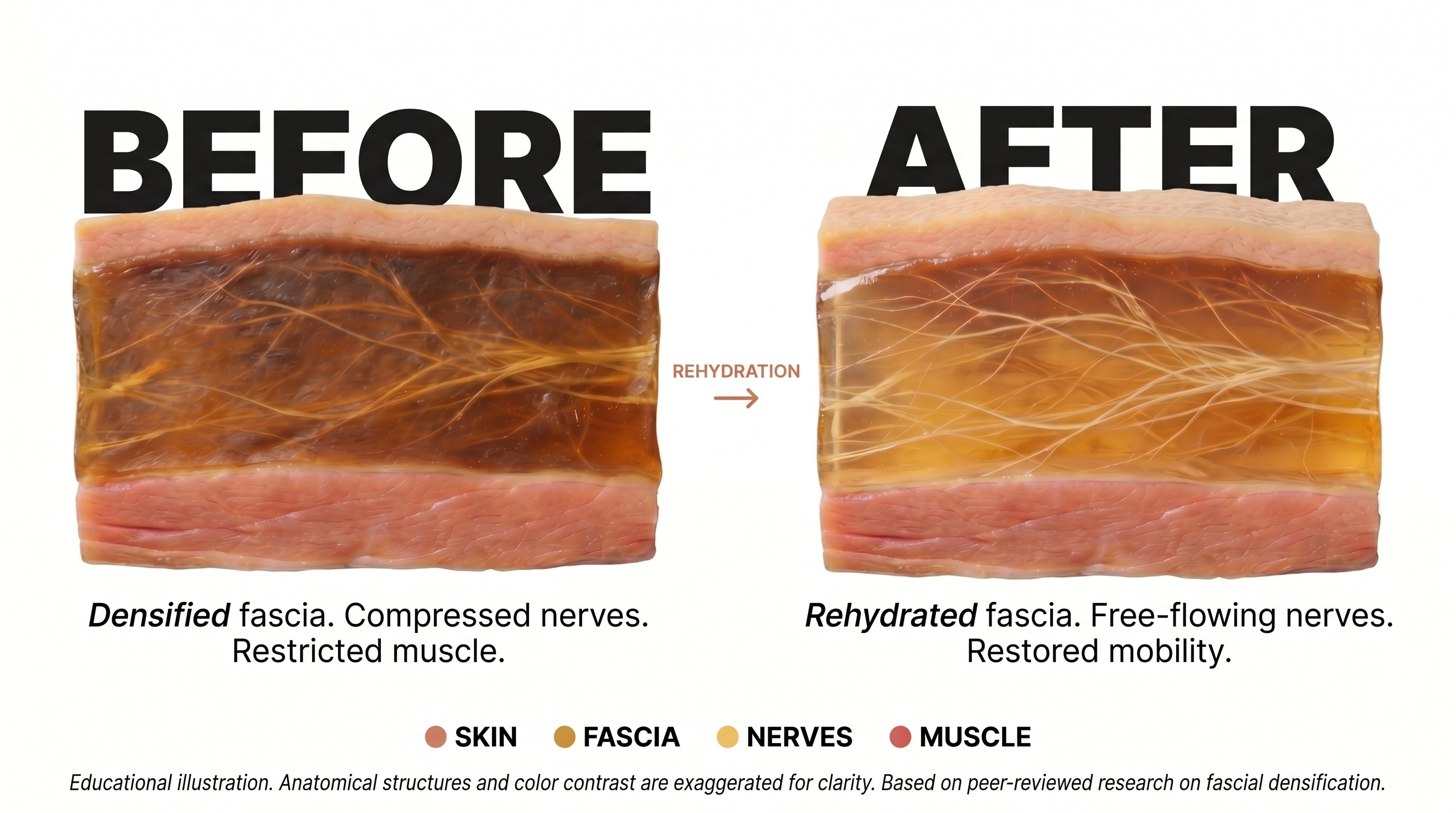 Before and after comparison of dehydrated versus rehydrated fascia showing skin, fascia, nerves and muscle layers